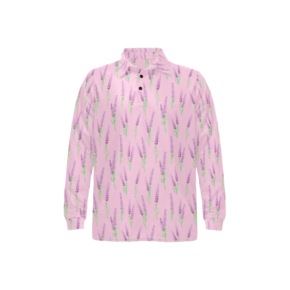 Lavender pattern pink background Men's Long Sleeve Polo Shirt