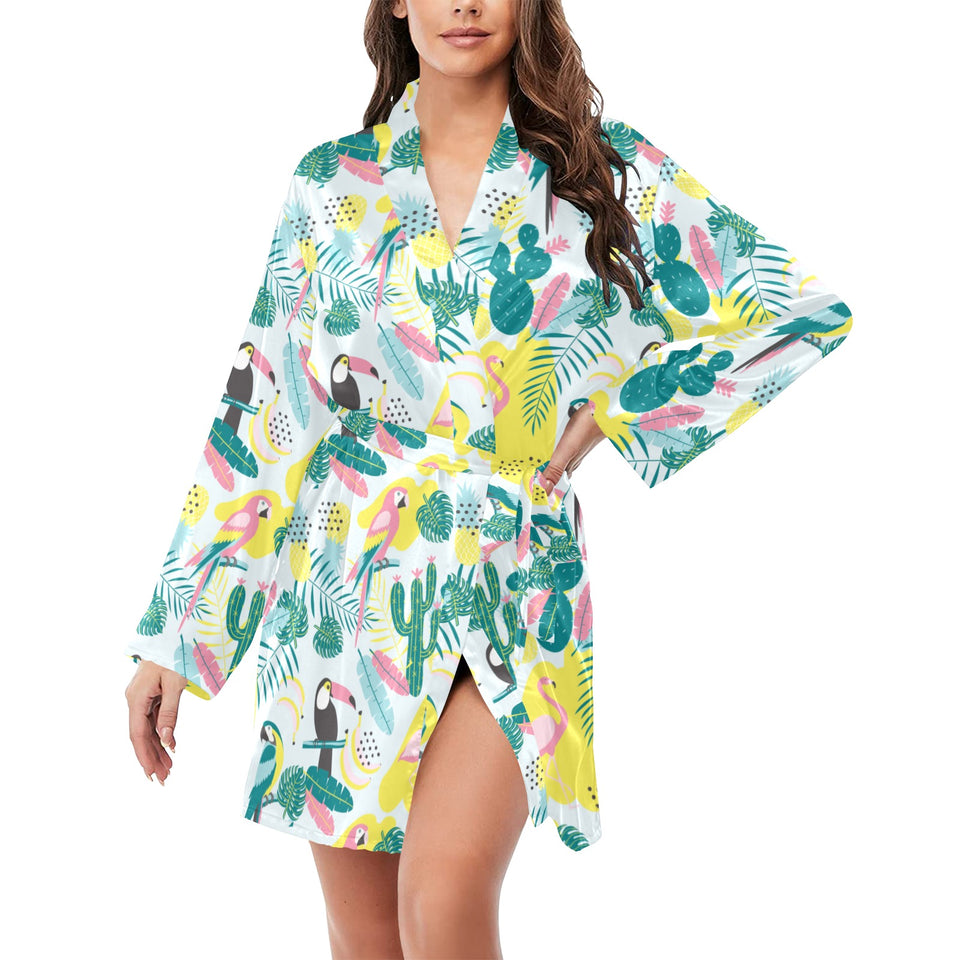 Cute parrot toucan flamingo cactus exotic leaves p Women's Long Sleeve Belted Night Robe