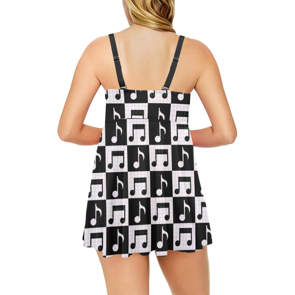Music Notes Pattern Print Design 01 Chest Sexy Pleated Two Piece Swim Dress