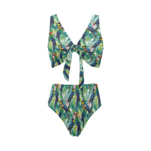 Colorful parrot exotic flower leaves Chest Bowknot High Waisted Bikini Swimsuit