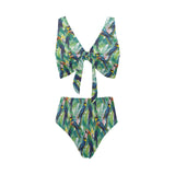 Colorful parrot exotic flower leaves Chest Bowknot High Waisted Bikini Swimsuit