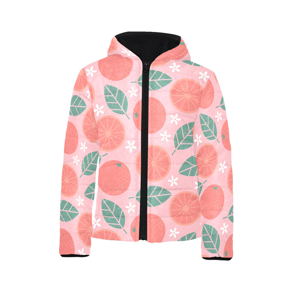 Grapefruit leaves flower pink background Kids' Boys' Girls' Padded Hooded Jacket