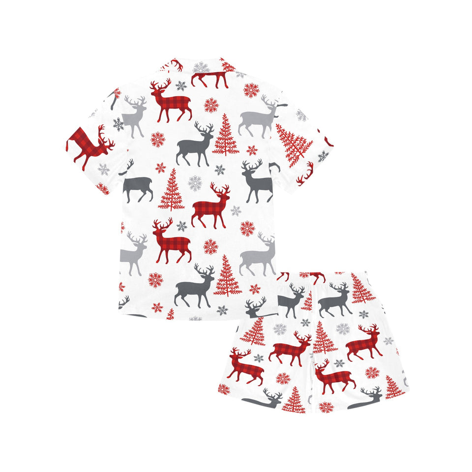 Deer tree snowflakes chrismas pattern Kids' Boys' Girls' V-Neck Short Pajama Set