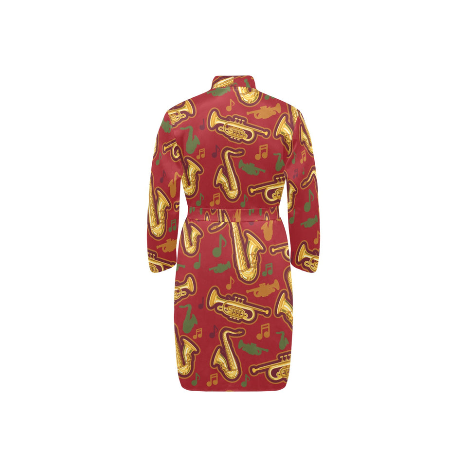 Saxophone cornet pattern red background Men's Long Sleeve Belted Night Robe