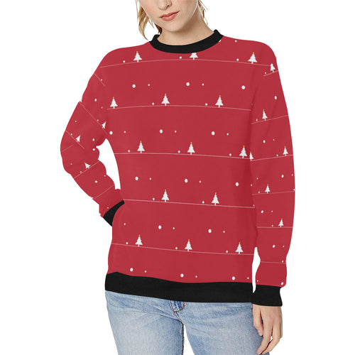 Christmas tree star snow red background Women's Crew Neck Sweatshirt