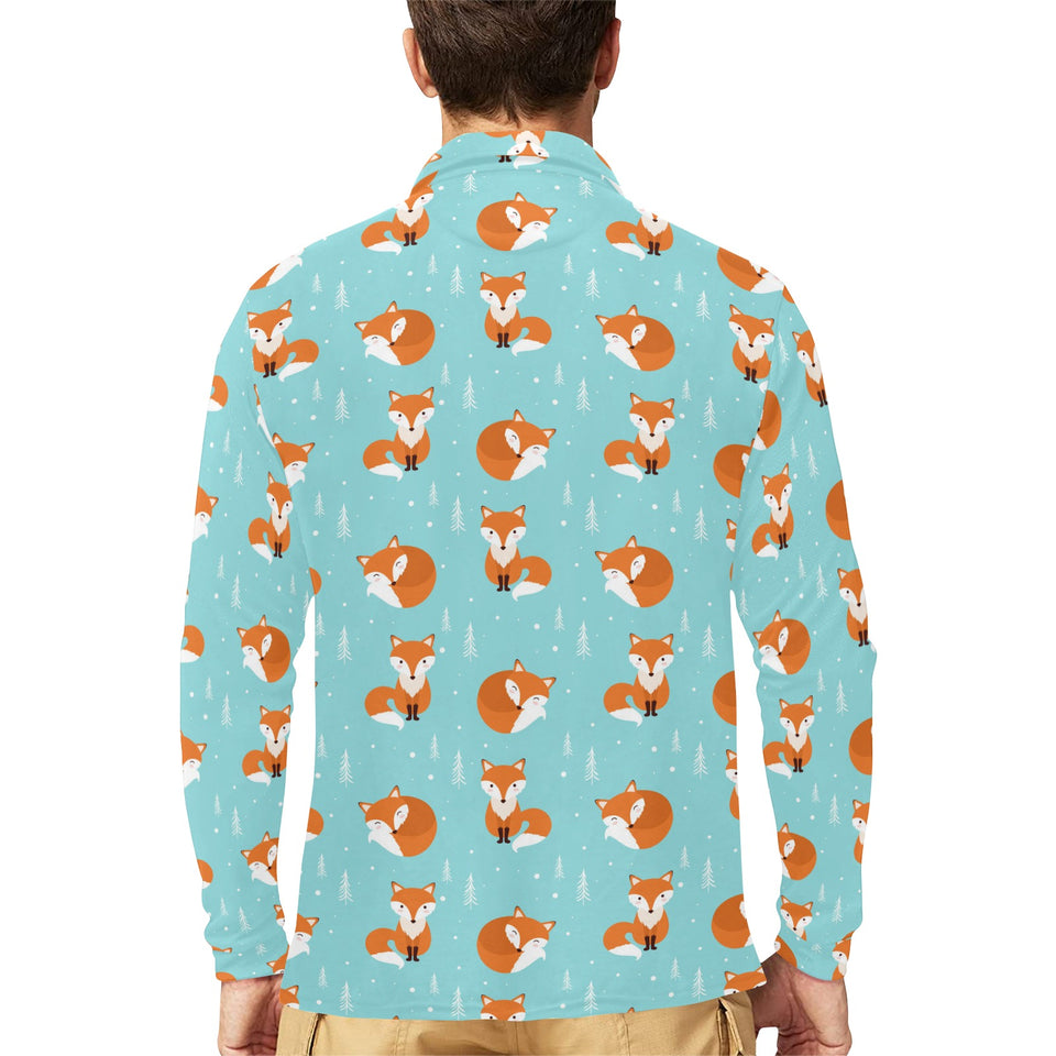 Fox pattern blue b ackground Men's Long Sleeve Polo Shirt