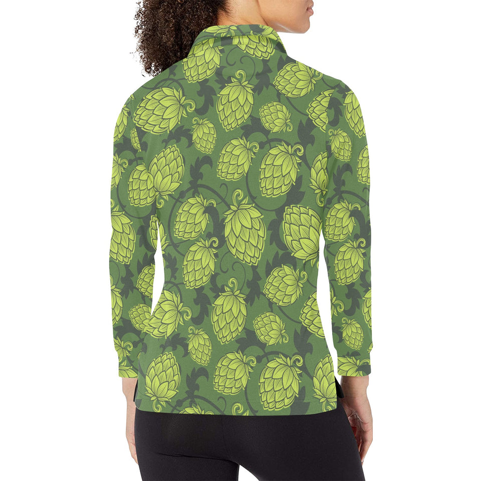 Hop pattern Hop cone background Women's Long Sleeve Polo Shirt