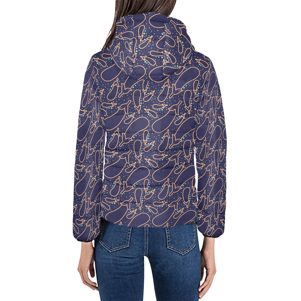 Eggplant Pattern Print Design 04 Women's Padded Hooded Jacket
