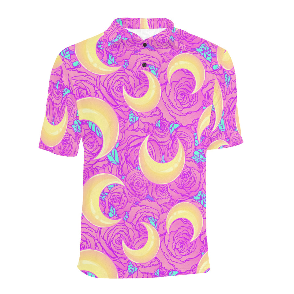 Moon pink rose background Men's All Over Print Polo Shirt