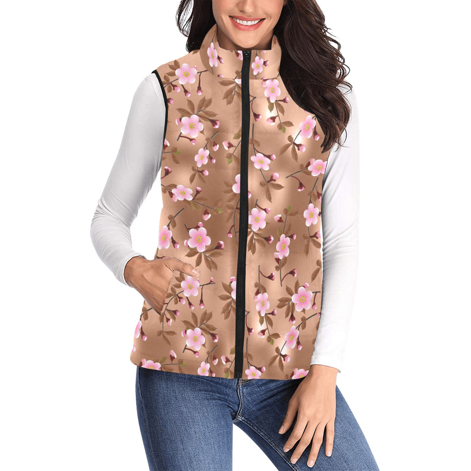 Pink sakura cherry blossom drak brown background Women's Padded Vest