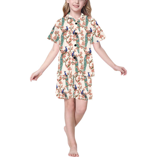 Peacock tropical flower pattern Kids' Boys' Girls' V-Neck Short Pajama Set