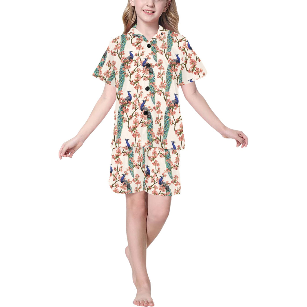 Peacock tropical flower pattern Kids' Boys' Girls' V-Neck Short Pajama Set