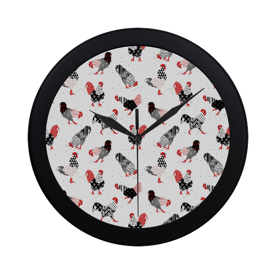 Cool rooster chicken cock floral ornament backgrou Elegant Black Wall Clock