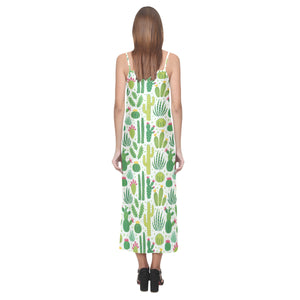Cactus pattern copy V-Neck Open Fork Long Dress