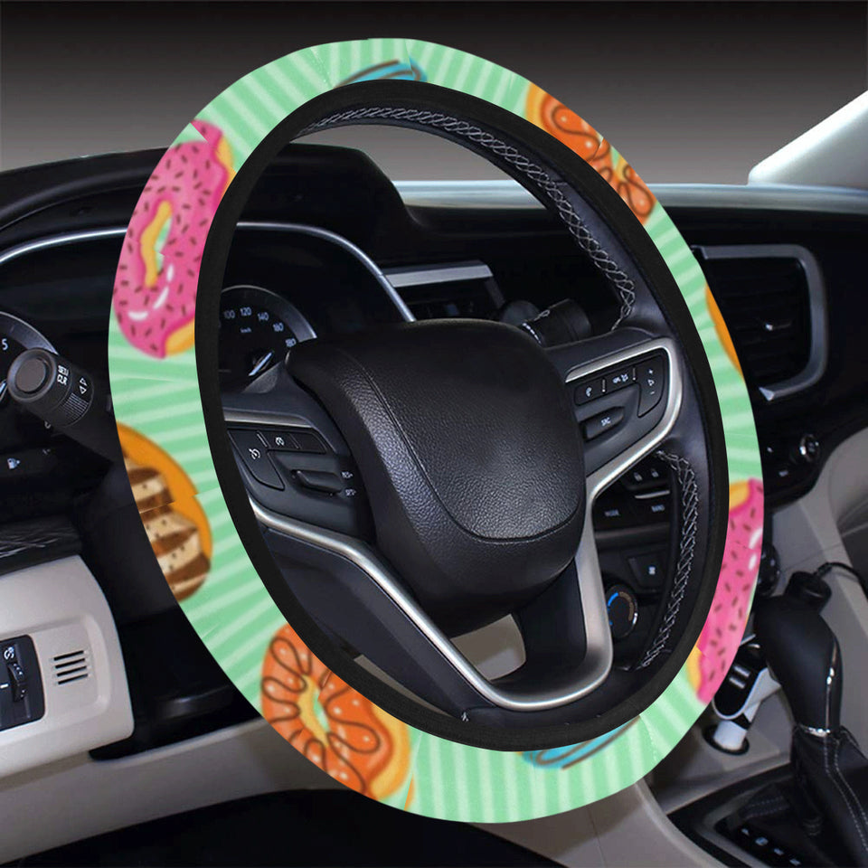 Colorful donut pattern green background Car Steering Wheel Cover