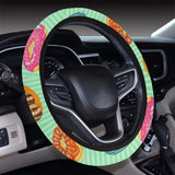 Colorful donut pattern green background Car Steering Wheel Cover