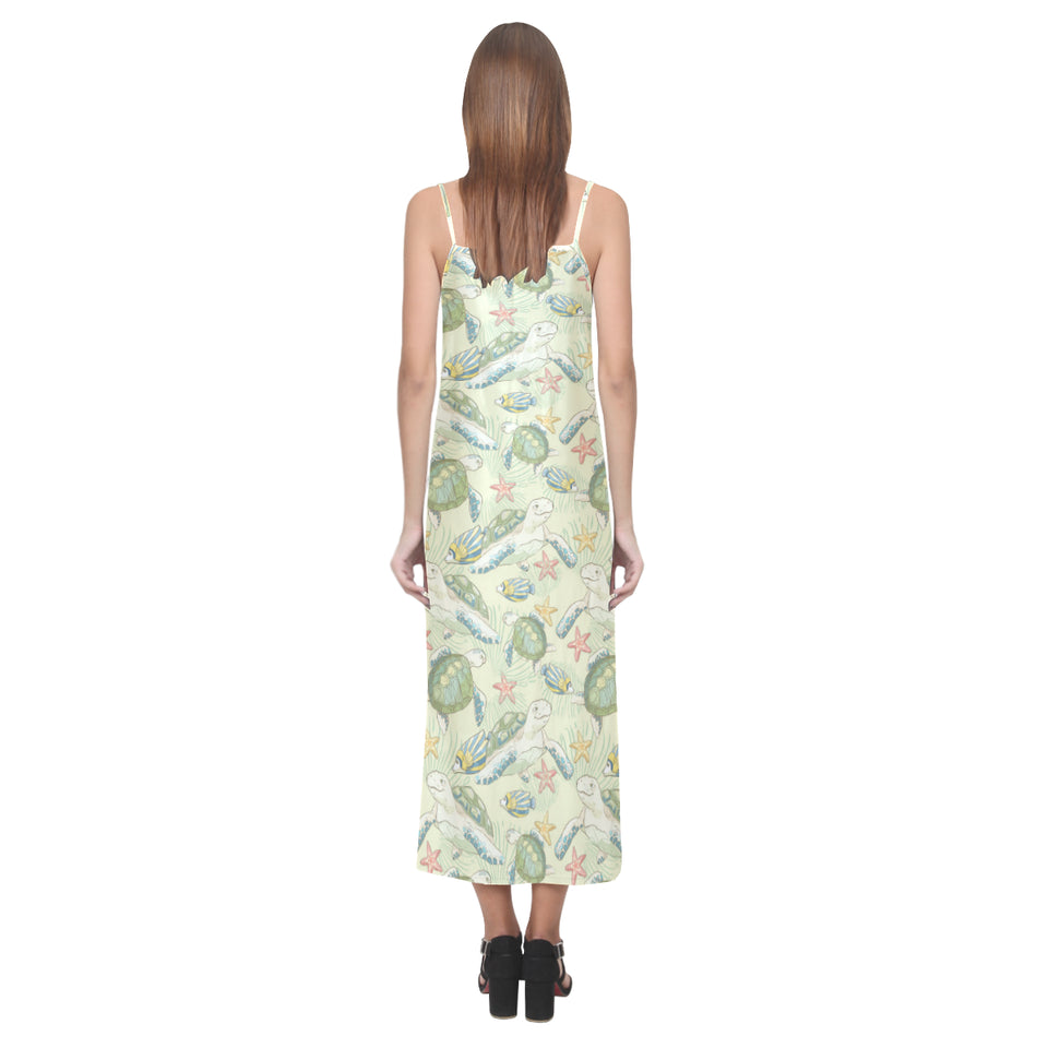 Hand drawn sea turtle fish pattern V-Neck Open Fork Long Dress