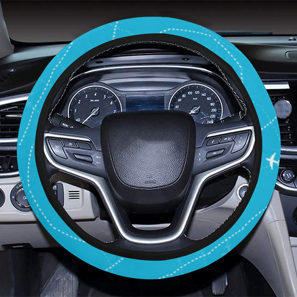 Airplane destinations blue background Car Steering Wheel Cover