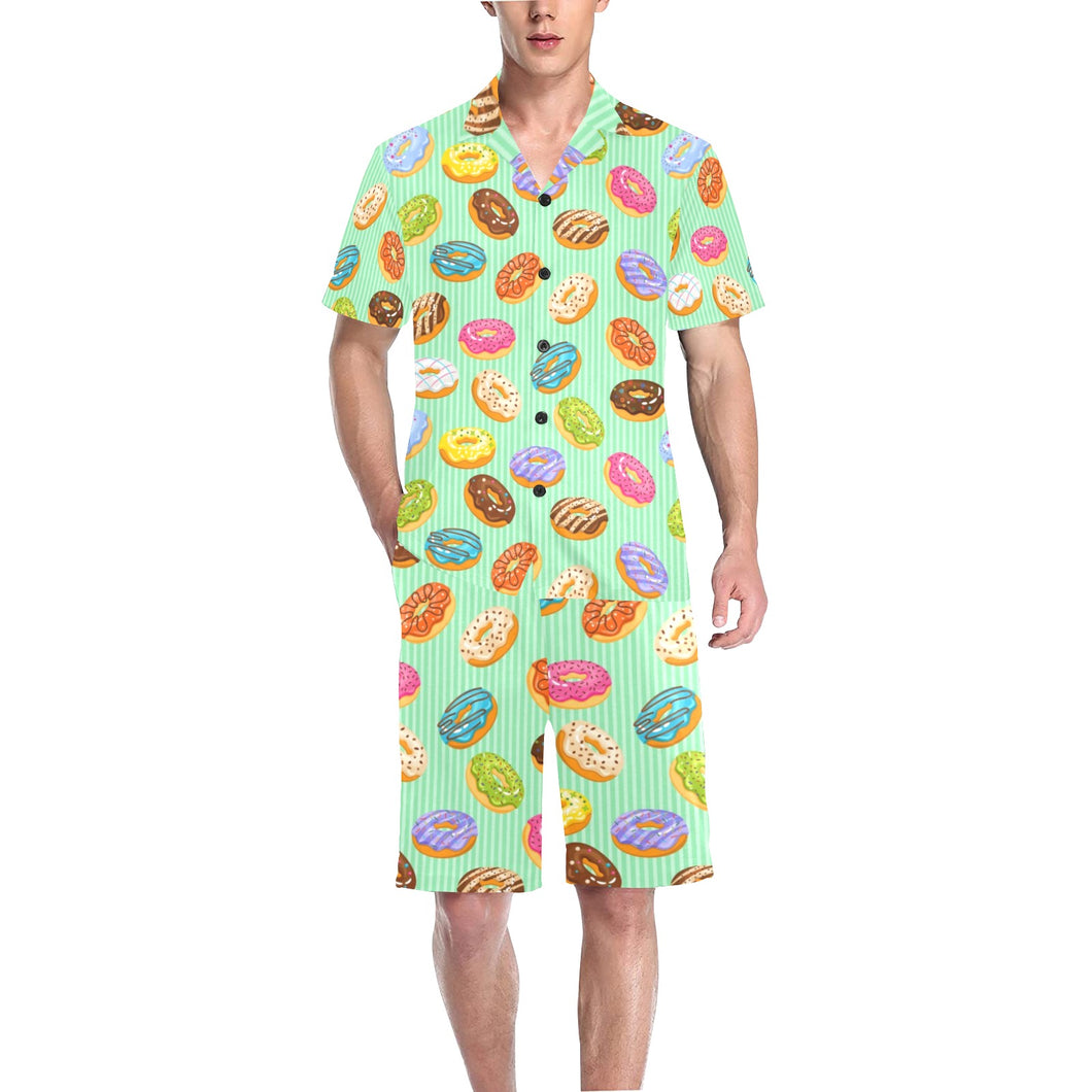 Colorful donut pattern green background Men's V-Neck Short Pajama Set