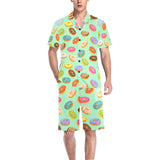 Colorful donut pattern green background Men's V-Neck Short Pajama Set