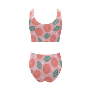 Grapefruit leaves flower pink background Chest Bowknot High Waisted Bikini Swimsuit