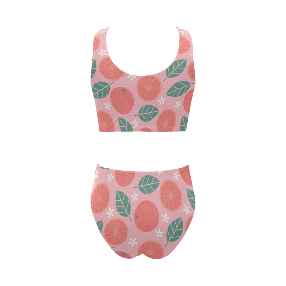 Grapefruit leaves flower pink background Chest Bowknot High Waisted Bikini Swimsuit