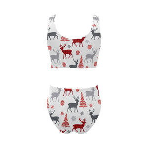 Deer tree snowflakes chrismas pattern Chest Bowknot High Waisted Bikini Swimsuit