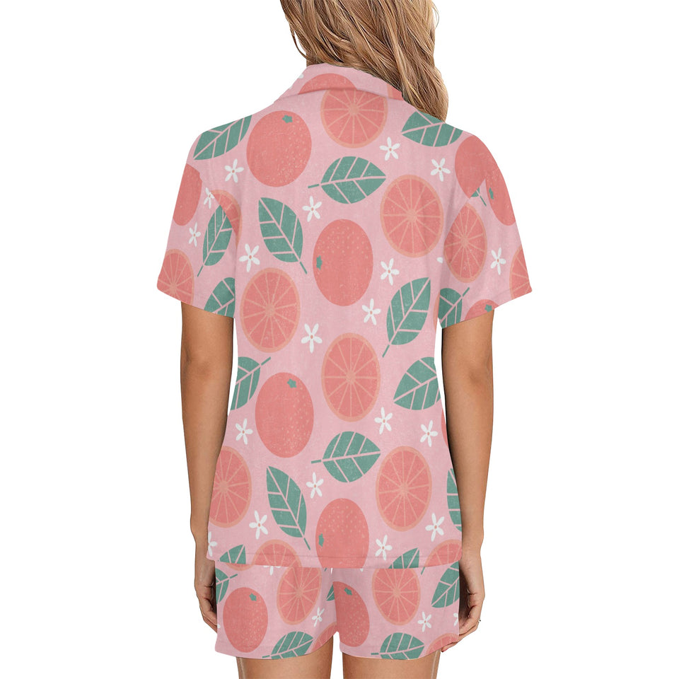 Grapefruit leaves flower pink background Women's V-Neck Short Pajama Set