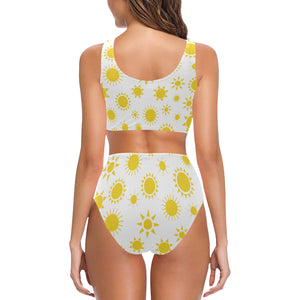 Sun pattern Chest Bowknot High Waisted Bikini Swimsuit