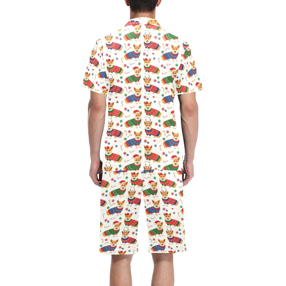 Corgi Christmas Pattern Men's V-Neck Short Pajama Set