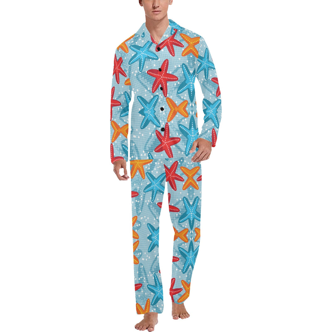 Blue red orange starfish pattern Men's Long Pajama Set