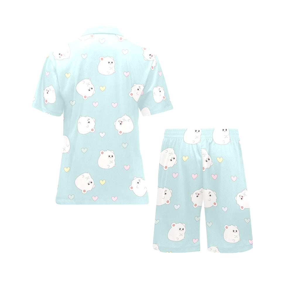 White cute hamsters heart pattern Men's V-Neck Short Pajama Set