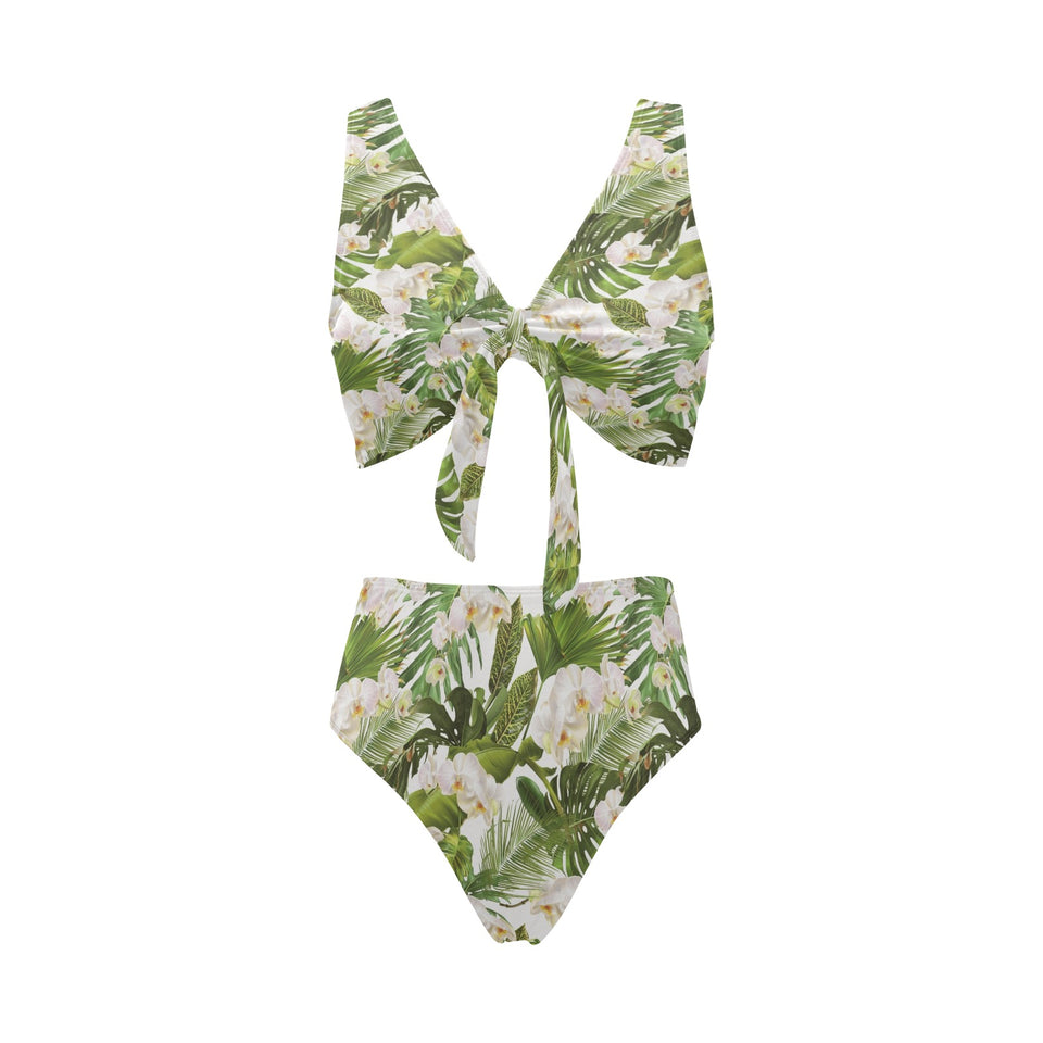 White orchid flower tropical leaves pattern Chest Bowknot High Waisted Bikini Swimsuit