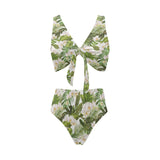 White orchid flower tropical leaves pattern Chest Bowknot High Waisted Bikini Swimsuit