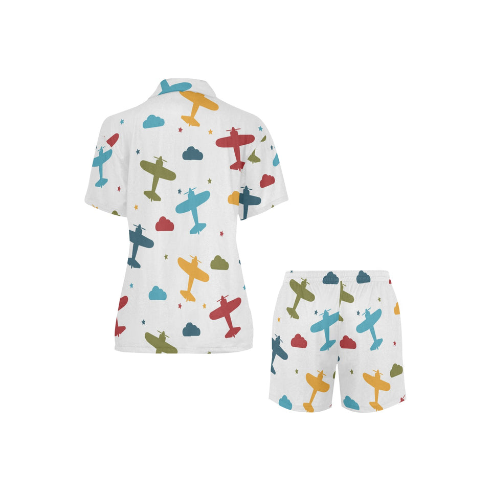 Airplane star cloud colorful Women's V-Neck Short Pajama Set