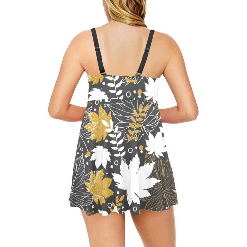 Beautiful gold autumn maple leaf pattern Chest Sexy Pleated Two Piece Swim Dress
