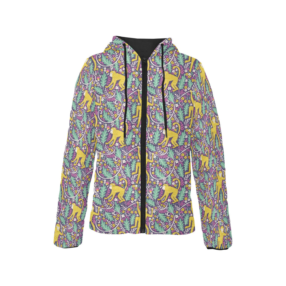 Cute yellow monkey leaves pattern Women's Padded Hooded Jacket