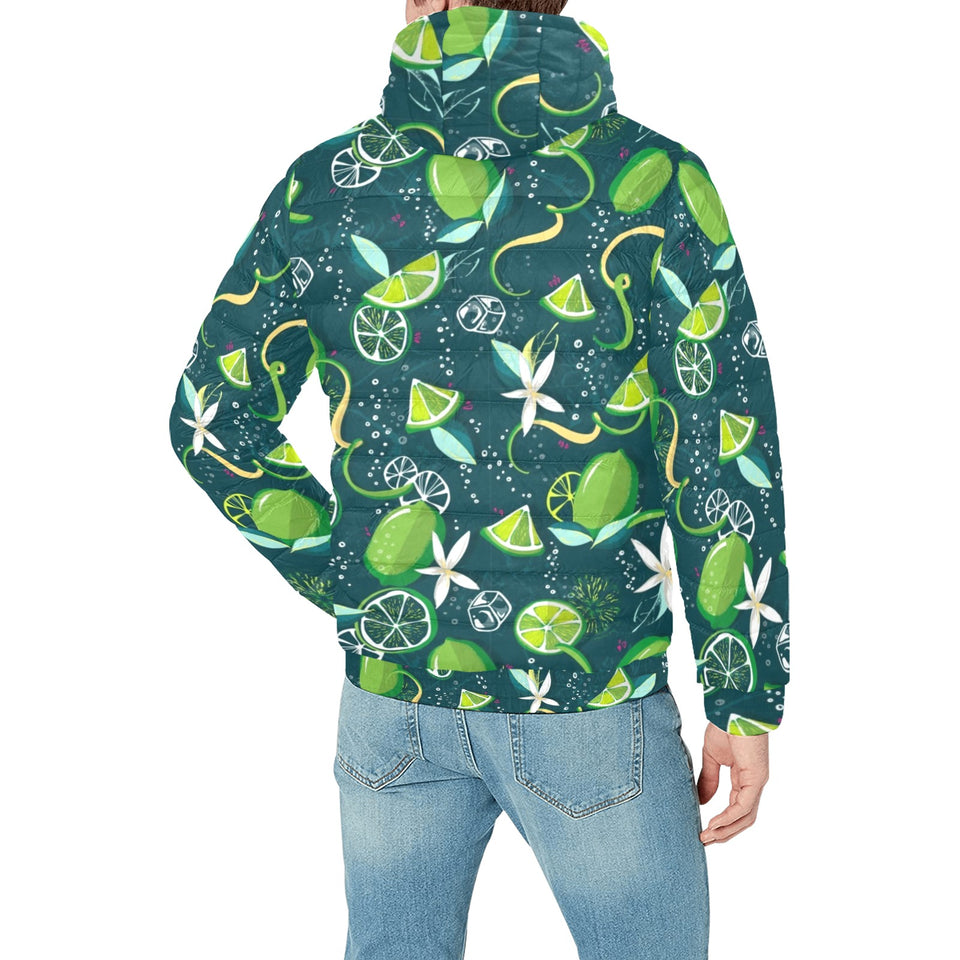 Lime ice flower pattern Men's Padded Hooded Jacket