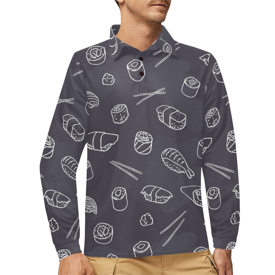 sushi pattern black background Men's Long Sleeve Polo Shirt