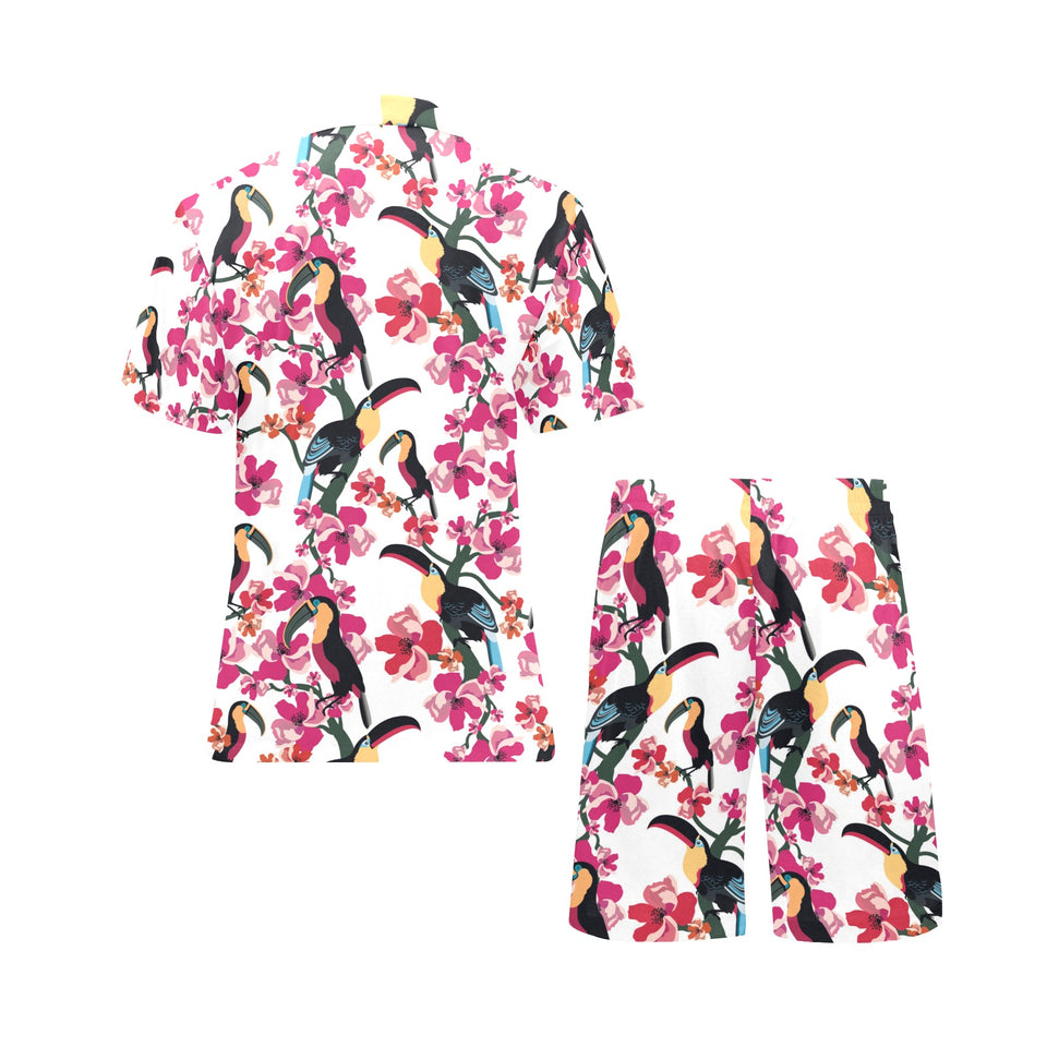 Toucan flower design pattern Men's V-Neck Short Pajama Set