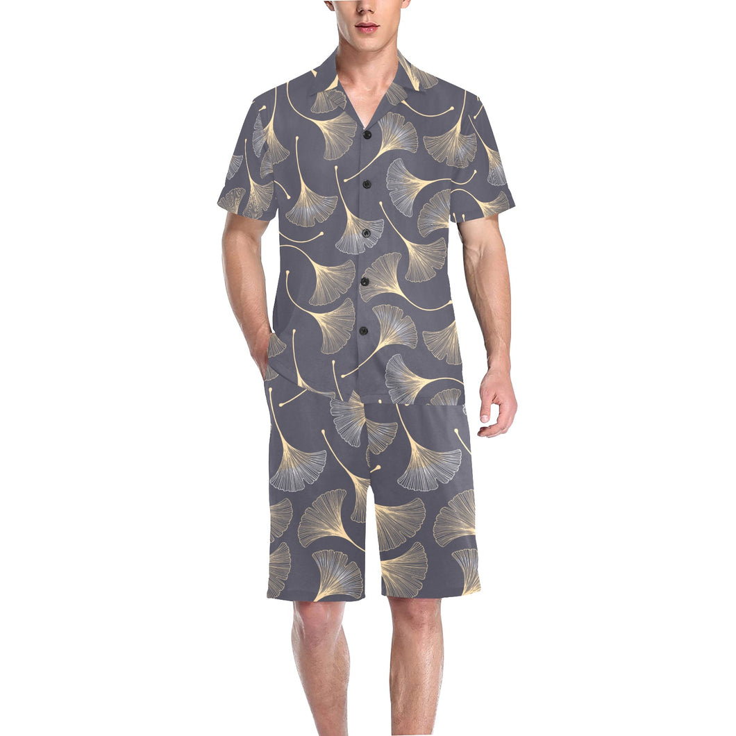 Gold ginkgo leaves Men's V-Neck Short Pajama Set
