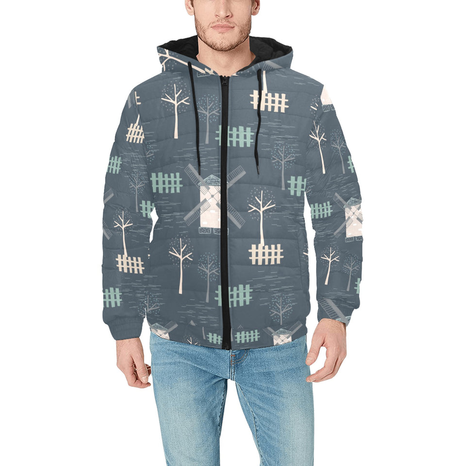 windmill tree pattern Men's Padded Hooded Jacket