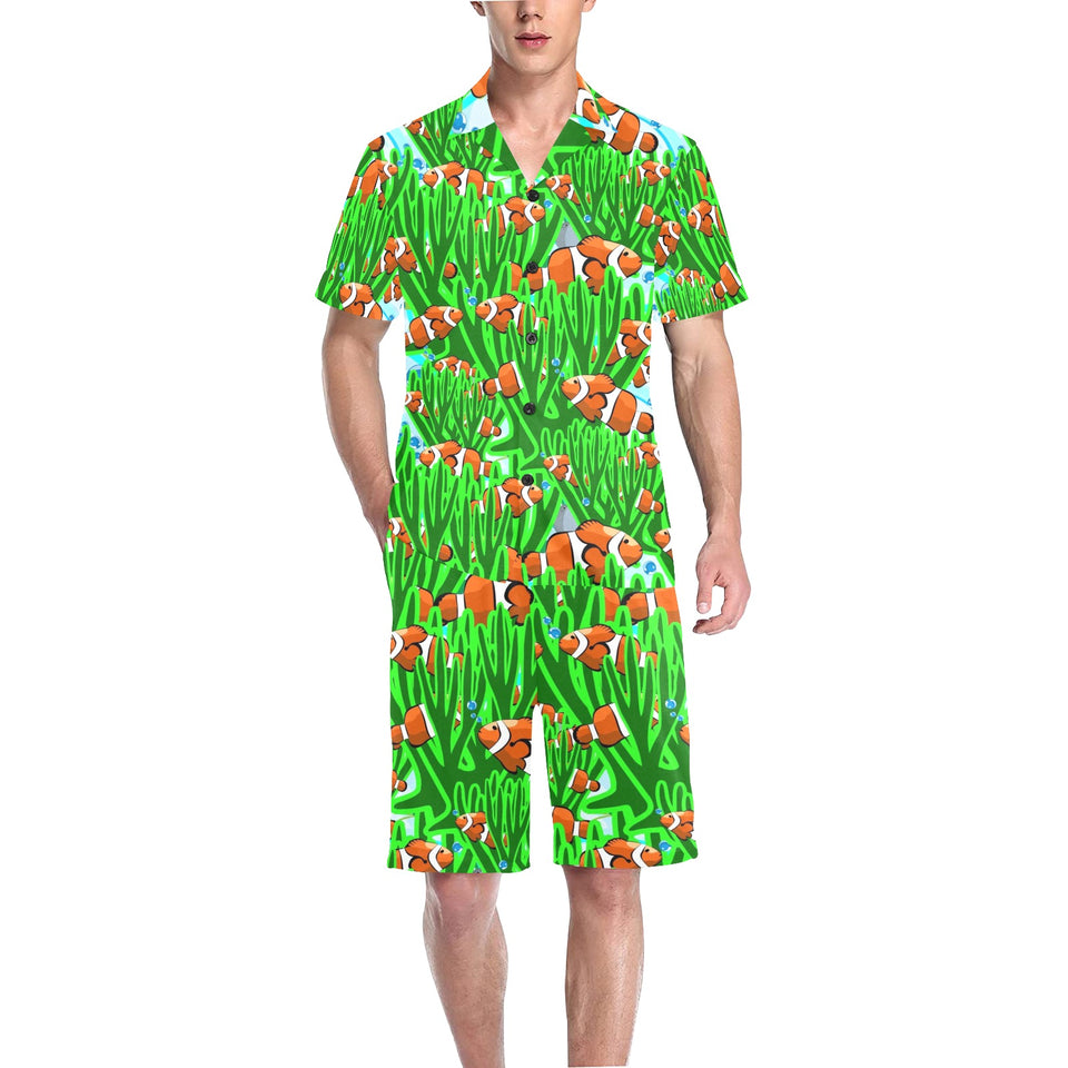 Clown Fish Pattern Print Design 01 Men's V-Neck Short Pajama Set