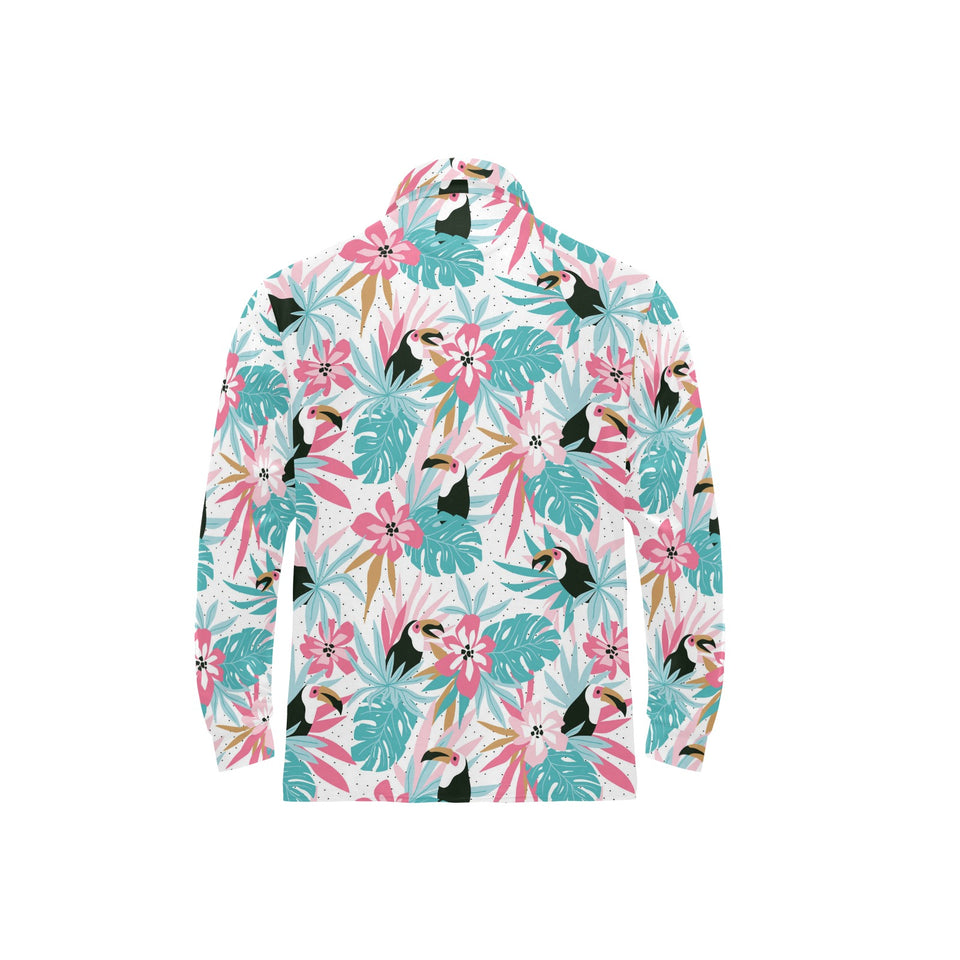 Toucan tropical flower leave pattern Men's Long Sleeve Polo Shirt