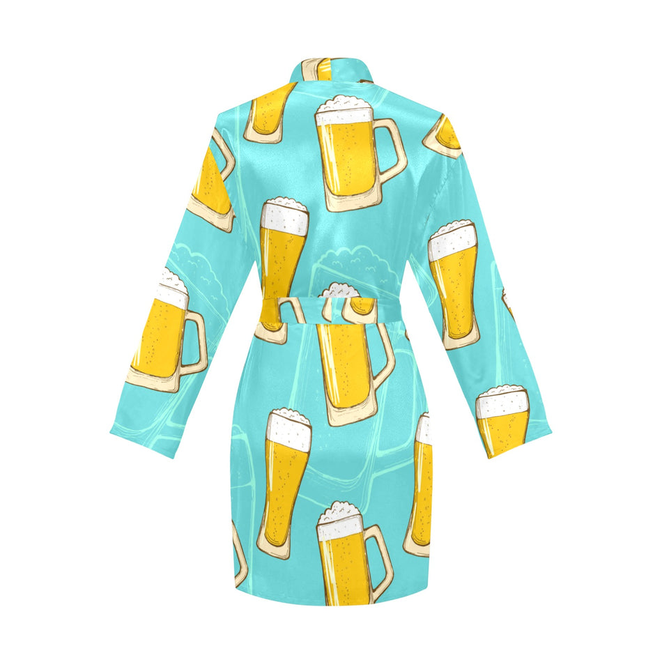 Beer pattern green background Women's Long Sleeve Belted Night Robe