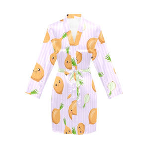 cute onions smiling faces purple background Women's Long Sleeve Belted Night Robe