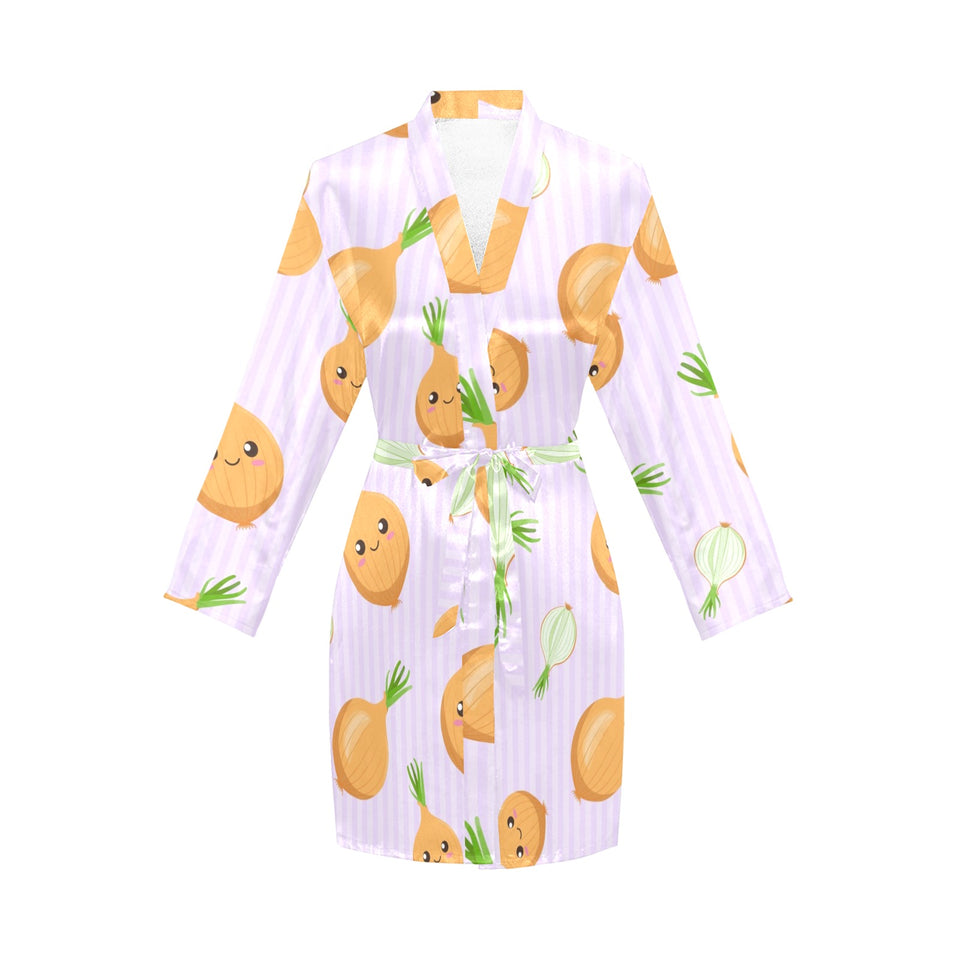 cute onions smiling faces purple background Women's Long Sleeve Belted Night Robe