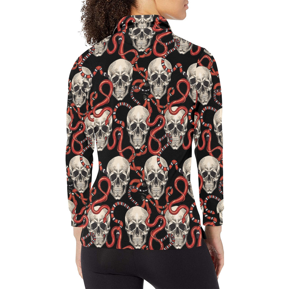 Red snake skull pattern Women's Long Sleeve Polo Shirt