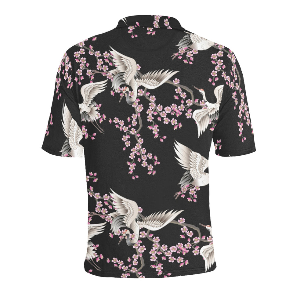 Japanese crane pink sakura pattern Men's All Over Print Polo Shirt