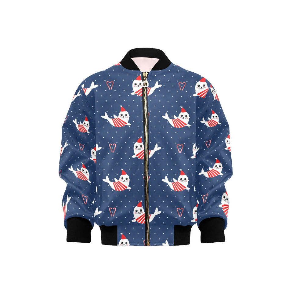 Cute sea lion seal christmas hat candy cane heart Kids' Boys' Girls' Bomber Jacket